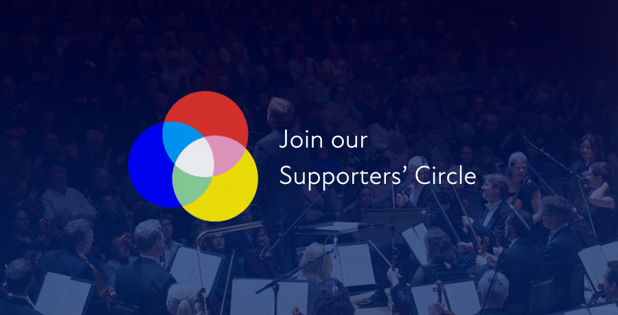 A blue banner with text "Join our Supporters' Circle", with a logo consisted of three circles forming a Venn diagram (red, blue, yellow) and a photo of RPO performing at the background