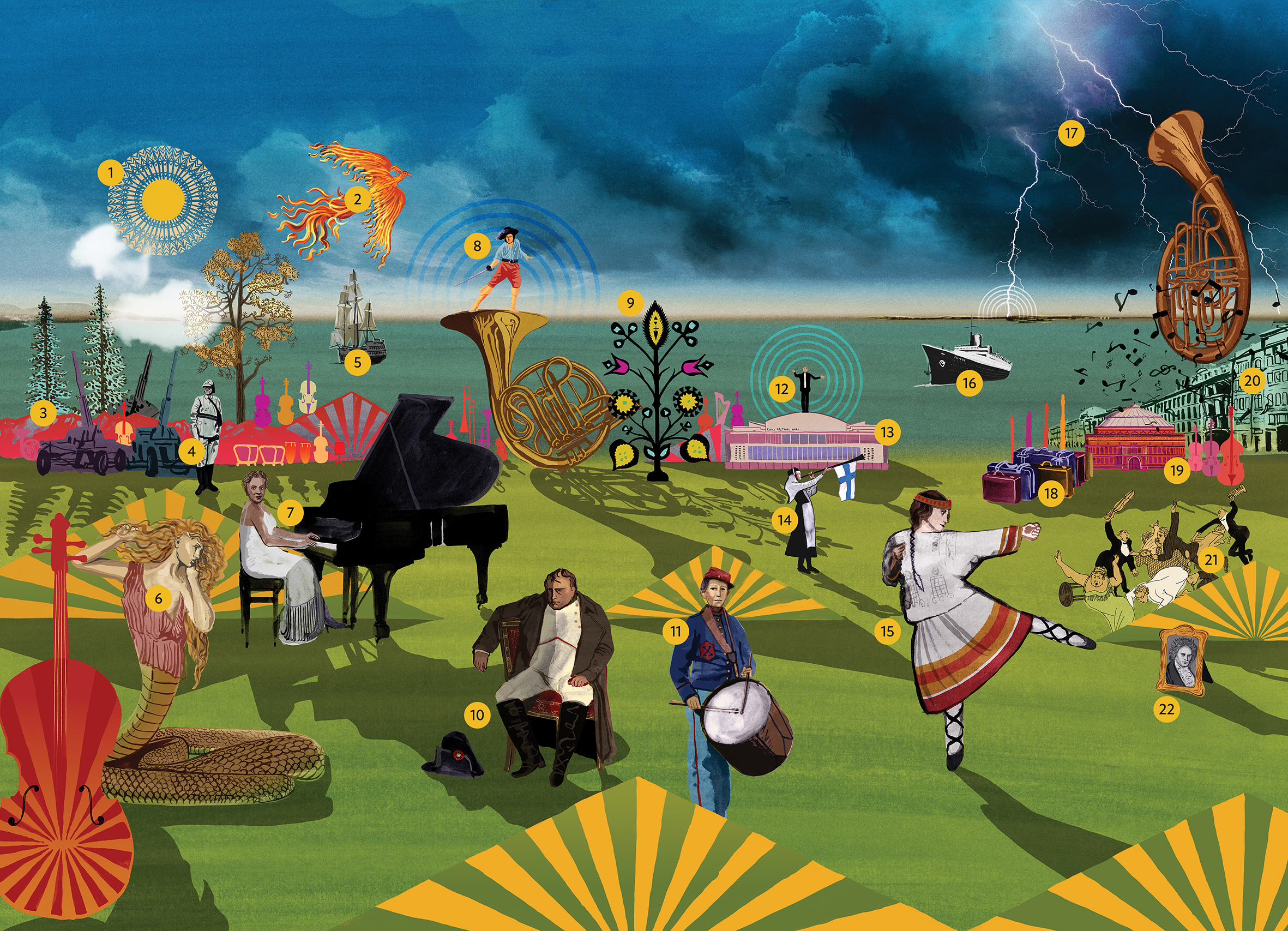 An artwork green landscape with a dark stormy sky above and a sea behind it as a radiating sun casts long shadows on various elements, including a sad Napoleon, Florence Price playing the piano, Shostakovich in an air warden uniform, a woman in traditional Slavic dress dancing, a steamboat, a stadning drummer in uniform, the Royal Festival Hall with a conductor standing on top, the mythical snake woman Lamia, a french horn, a woman blowing a horn with the Finnish flag hanging off of it, a portrait of Beethoven, and mountains dotted throughout.. 