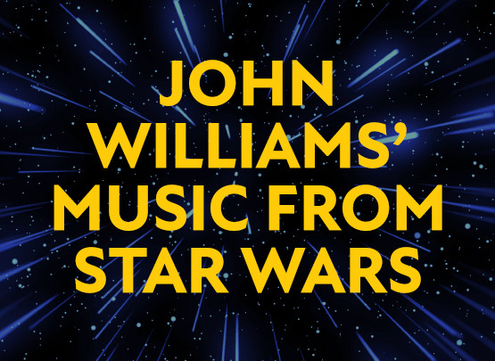 An artwork image showing a stars shooting towards you in space. The text reads 'John Williams' Music From Star Wars'