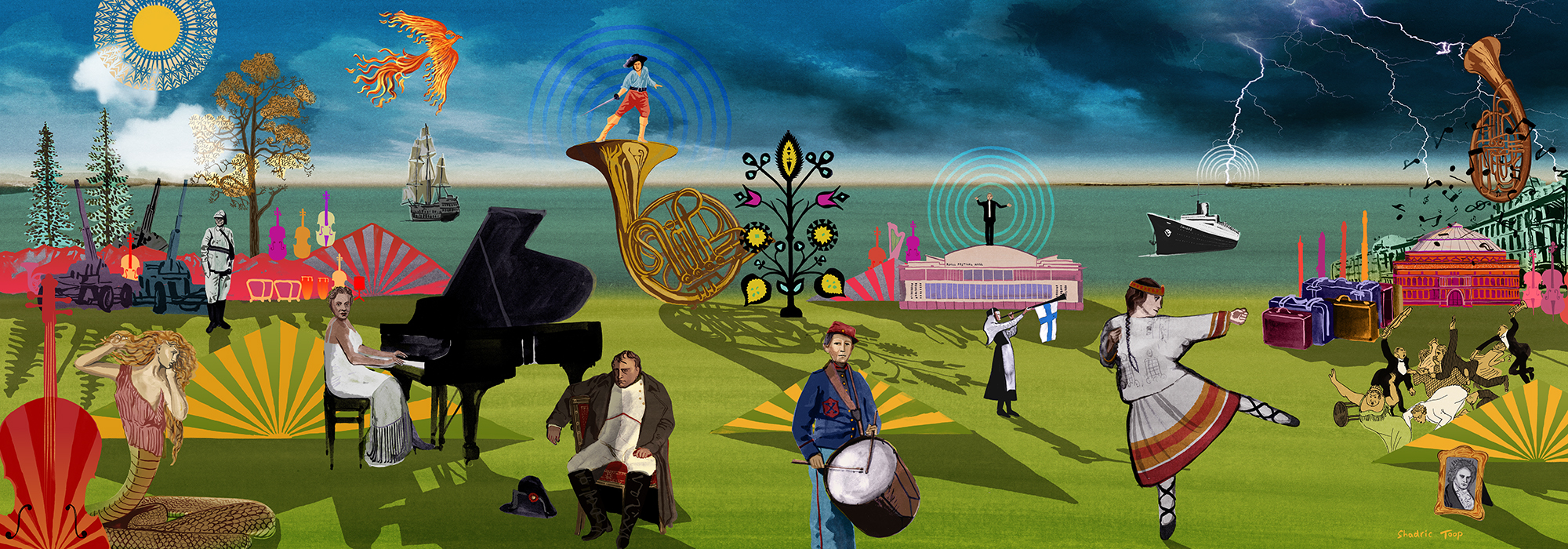 An artwork green landscape with a dark stormy sky above and a sea behind it as a radiating sun casts long shadows on various elements, including a sad Napoleon, Florence Price playing the piano, Shostakovich in an air warden uniform, a woman in traditional Slavic dress dancing, a steamboat, a stadning drummer in uniform, the Royal Festival Hall with a conductor standing on top, the mythical snake woman Lamia, a french horn, a phoenix flying through the sky, a woman blowing a horn with the Finnish flag hanging off of it, a portrait of Beethoven, and mountains dotted throughout.. 